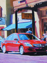 East San Francisco Street by Tom Mallon, Oil on Canvas - 55 x 24.5 inches - Detail of Red Car