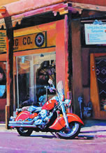 East San Francisco Street by Tom Mallon, Oil on Canvas - 55 x 24.5 inches - Detail of Motorcycle by Storefront