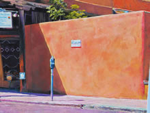 East San Francisco Street by Tom Mallon, Oil on Canvas - 55 x 24.5 inches - Detail of Stucco Wall