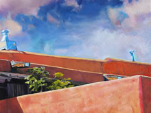 East San Francisco Street by Tom Mallon, Oil on Canvas - 55 x 24.5 inches - Detail of Walltop with Trees