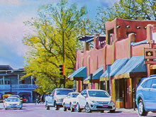 East San Francisco Street by Tom Mallon, Oil on Canvas - 55 x 24.5 inches - Beginning of Block