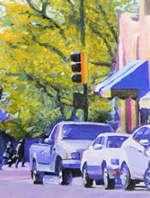 East San Francisco Street by Tom Mallon, Oil on Canvas - 55 x 24.5 inches - Trees and Stop Light
