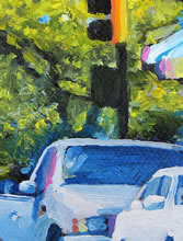 East San Francisco Street by Tom Mallon, Oil on Canvas - 55 x 24.5 inches - Stoplight