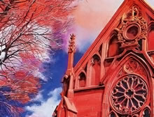 Loretto Chapel by Tom Mallon, oil on canvas - Church and Trees