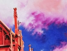 Loretto Chapel by Tom Mallon, oil on canvas - Spires into the Clouds