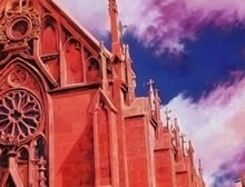 Loretto Chapel by Tom Mallon, oil on canvas - Spires and Cross