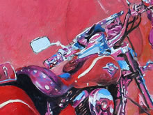 Nubes de Sangre by Tom Mallon, Oil on Canvas - 49 by 24.5 inches Close up of Motorcycle Detail