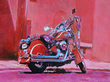 Nubes de Sangre by Tom Mallon, Oil on Canvas - 49 by 24.5 inches Motorcycle Detail