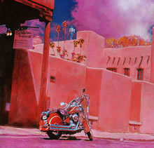 Nubes de Sangre by Tom Mallon, Oil on Canvas - 49 by 24.5 inches Motorcycle and Stucco Wall