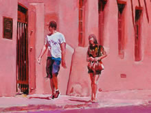 Nubes de Sangre by Tom Mallon, Oil on Canvas - 49 by 24.5 inches Sidewalk Visitors
