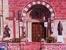 Nubes de Sangre by Tom Mallon, Oil on Canvas - 49 by 24.5 inches Basilica Entrance with Statues