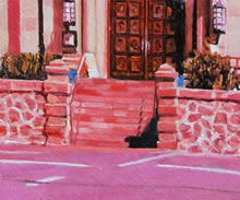 Nubes de Sangre - The Saint Francis Basilica by Tom Mallon, Oil on Canvas 49 by 24.5 inches - Front Steps