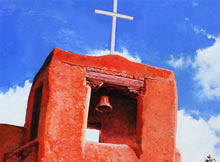 San Miguel MIssion by Tom Mallon, Oil on Canvas - 48 x 24 inches - Belfry Detail