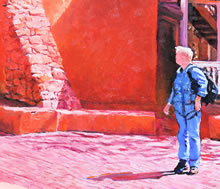 San Miguel MIssion by Tom Mallon, Oil on Canvas - 48 x 24 inches - Spectator Detail
