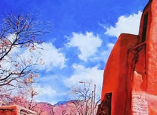 San Miguel MIssion by Tom Mallon, Oil on Canvas - 48 x 24 inches - Tree and Sky