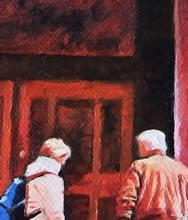San Miguel MIssion by Tom Mallon, Oil on Canvas - 48 x 24 inches - Seniors Close-up