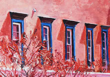 San Miguel MIssion by Tom Mallon, Oil on Canvas - 48 x 24 inches - Blue Windows