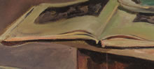 Tom Mallon: Acrylic on Canvas - Teacup and Book - Detail of Book