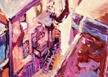 19th & Chestnut Rooftops" by Tom Mallon, Acrylic on Canvas - 36" x 40" - Detail Off To Right